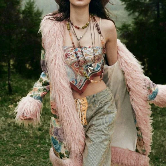 Multicolor Casual Women's Elegant Jacquard Faux Fur Coat - Picture 8 of 9